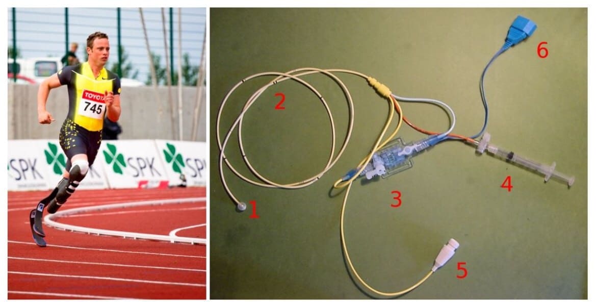 Rechts: Die Fussprothesen des südafrikanischer Sprinters und Weltrekordhalters Oscar Pistorius, auch bekannt als «Fastest man on no legs» bestehen aus kohlenstofffaserverstärktem Kunststoff (cc by Elvar Pálsson auf Wikipedia). Links: Ein Herzkatheter aus Plastik; 1=Ballon, 2=doppellumiger Katheter mit Röntgenmarkierung, 3=Druckmesschip, 4=Spritze für Ballon, 5 und 6=Anschlüsse für Messgeräte (cc J. Hupf auf Wikipdeia).