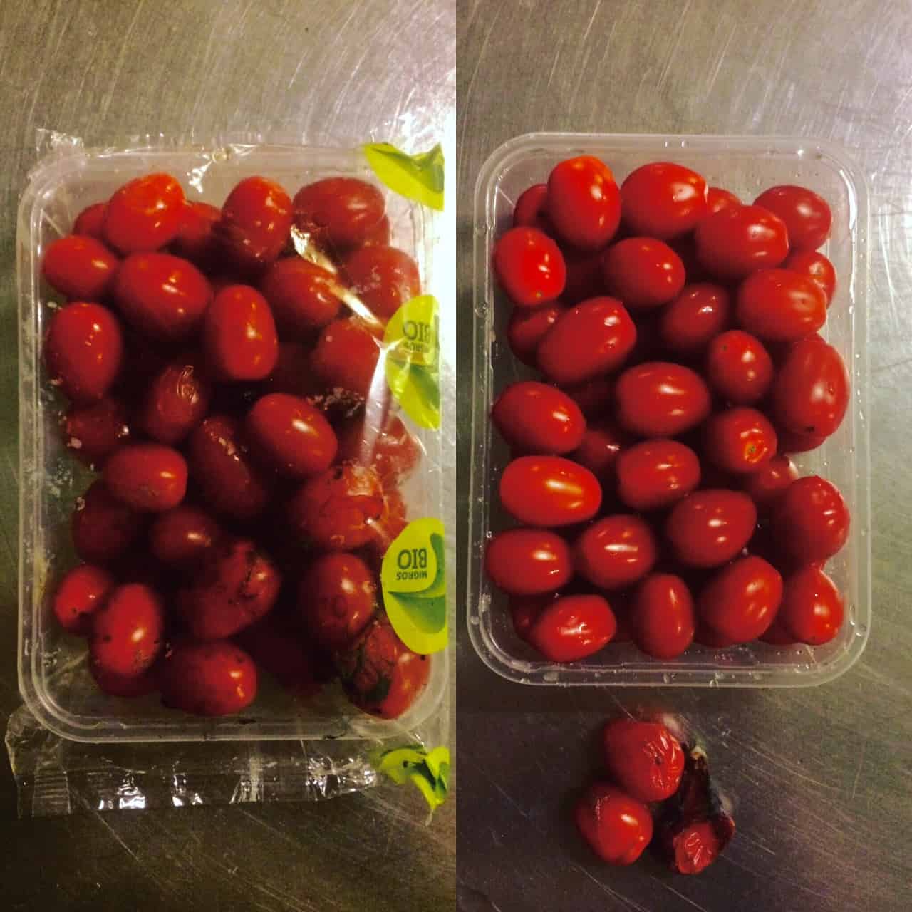 Diese 500g-Packung Cherry-Tomaten hat die Autorin im Müll eines Detailhändlers gefunden. Nach dem aussortieren zeigte sich, dass es lediglich drei Tomätchen waren, die nicht mehr geniessbar waren (Bild: Alex Tiefenbacher).