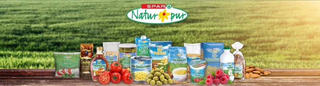 Die Produkte der Linie SPAR Natur pur sehen nicht wie zugekaufte Markenprodukte aus, sondern weissen ein einheitliches, mit dem SPAR-Logo gelabeltes Design auf (Screenshot www.spar.ch am 18.8.2019)