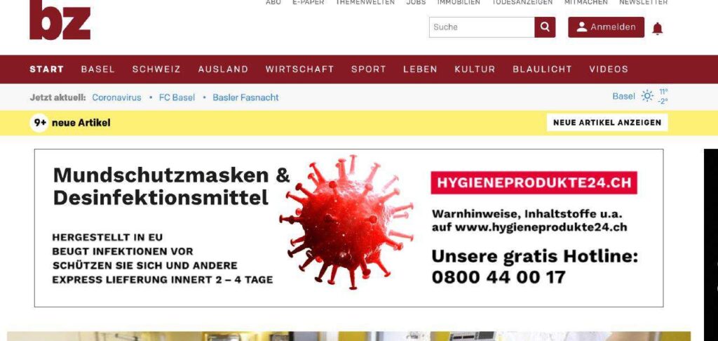 Auf verschiedenen Onlinemedien erschienen heute Insarte von einem Onlineshop für Mundschutzmasken und Desinfektionsmittel (Sreenshot bz – Zeitung für die Region Basel, 1.4.2020)