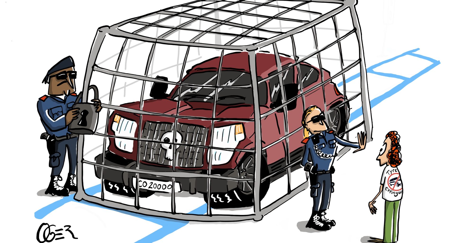 Wer hat sich zuerst nicht an die Regeln gehalten: Die SUVs oder die Tyre Extinguishers? (Illustration: Oger / ogercartoons.com)