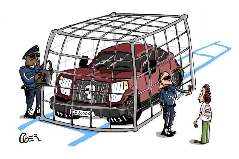 Wer hat sich zuerst nicht an die Regeln gehalten: Die SUVs oder die Tyre Extinguishers? (Illustration: Oger / ogercartoons.com)